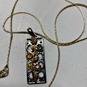 Flowers on stem set silver background. Brass, silver, copper diamond chips?